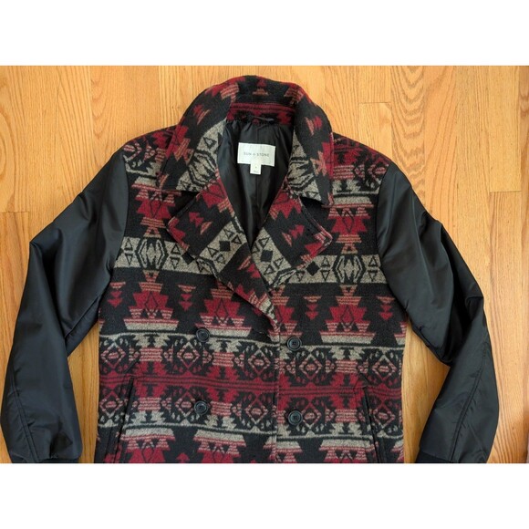 Sun Stone Southwestern Red Black Small Wool Blend Pea Coat Jacket Aztec Winter - Picture 3 of 11